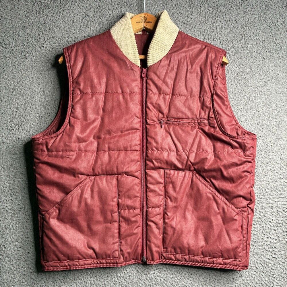 Vintage 80s Vest Men Large Puffer Crimson Red Full Zip Outdoor Winter Hiking